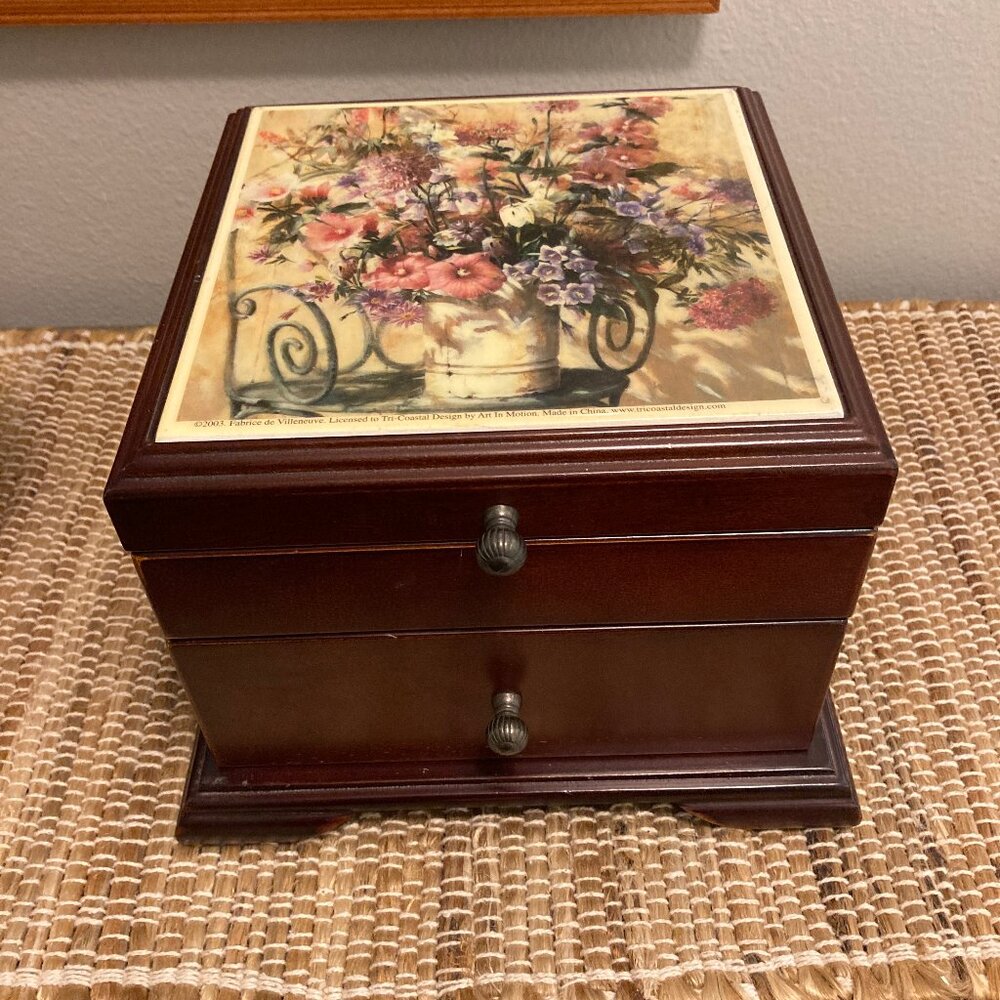 Vintage Dark Brown Wood Jewelry Box Fabrice de Villeneuve Floral Design Top